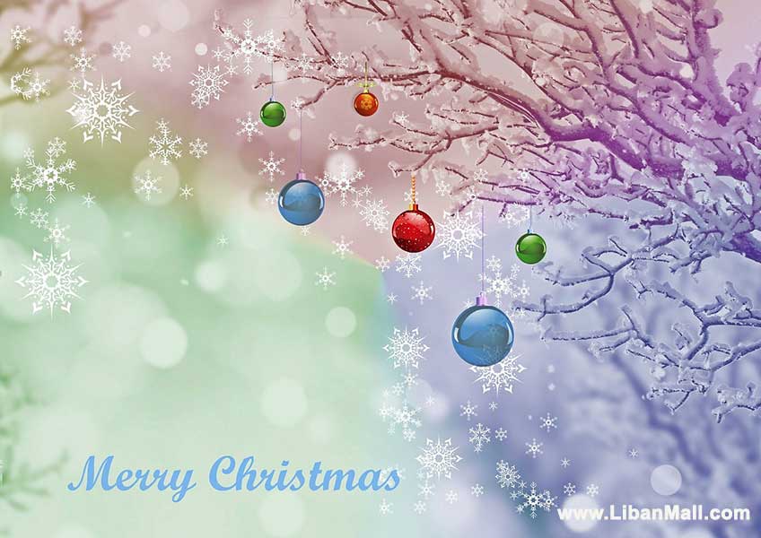 Free christmas ecard from lebanon, free greeting cards, free seasons greetings card, happy holidays card, merry christmas card, christmas tree decorations, light blue background