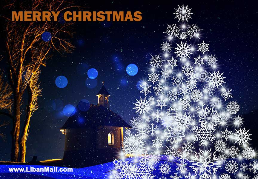 Free christmas ecard from lebanon, free greeting cards, free seasons greetings card, happy holidays card, merry christmas card, white christmas tree, dark blue night background