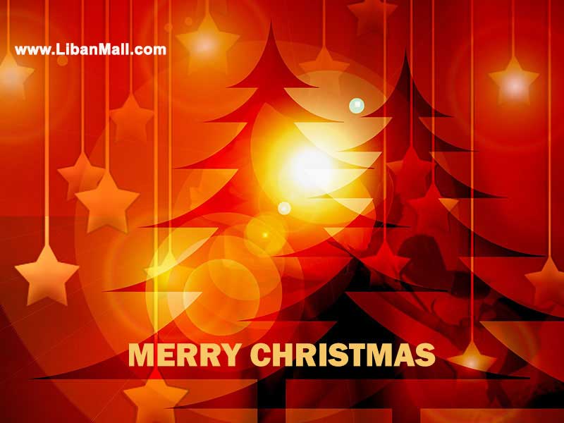 Free christmas ecard from lebanon, free greeting cards, free seasons greetings card, happy holidays card, merry christmas card, christmas tree, orange and red colors