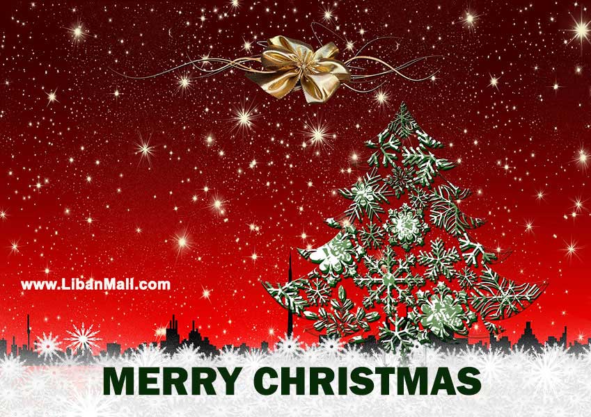 Free christmas ecard from lebanon, free greeting cards, free seasons greetings card, happy holidays card, merry christmas card, red background and white and green christmas tree