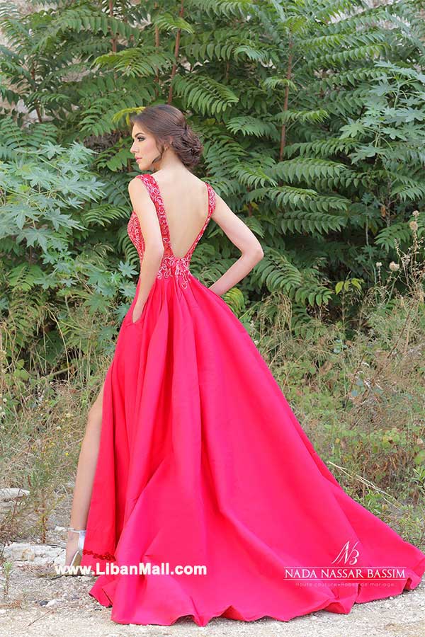 Red evening dress with bare back by Nada Nassar Bassim Haute Couture 2017