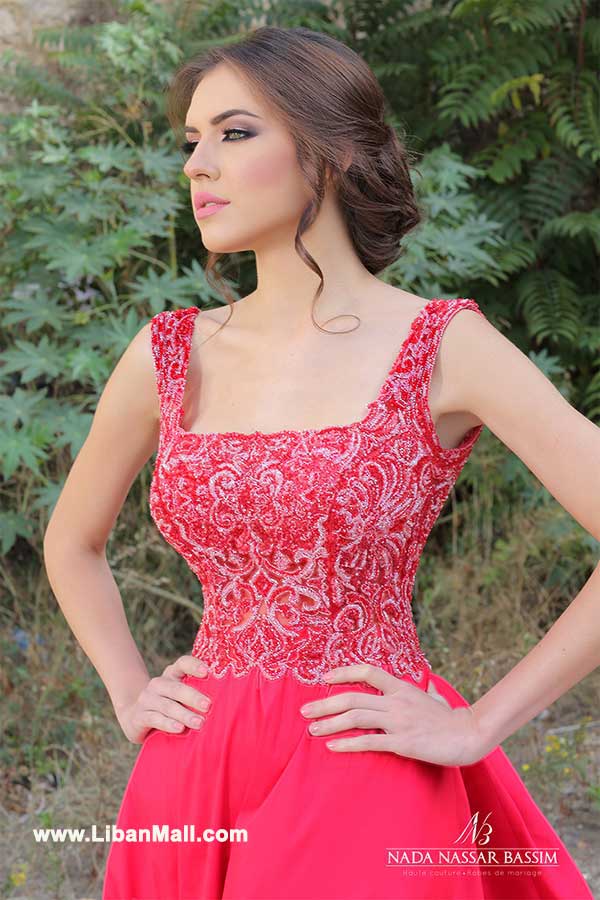 Red evening dress with lace at the front by Nada Nassar Bassim Haute Couture 2017