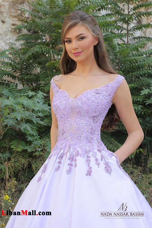 wedding dress with light purple lace at the front Nada Nassar Bassim Haute Couture 2017