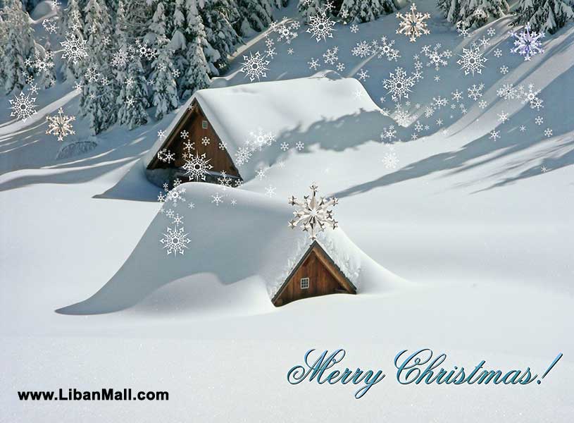 Free christmas ecard from lebanon, free greeting cards, free seasons greetings card, happy holidays card, merry christmas card, snow covered wooden houses, snow background