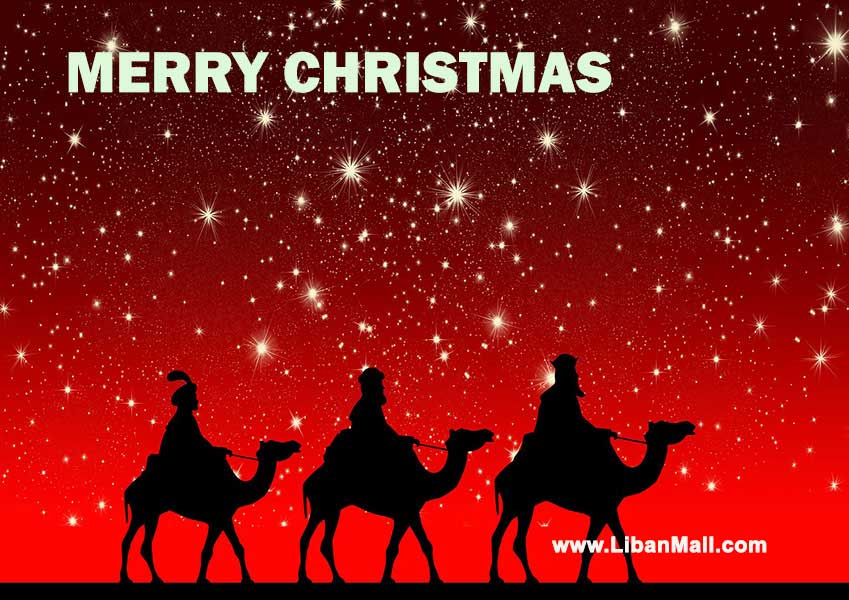 Free christmas ecard from lebanon, free greeting cards, free seasons greetings card, happy holidays card, merry christmas card, 3 wise men on camels, red background