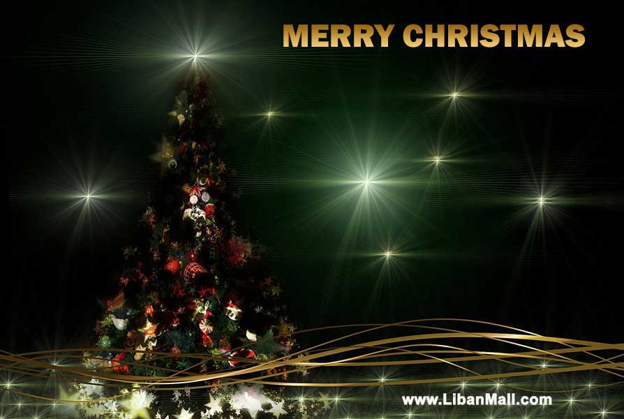Free christmas ecard from lebanon, free greeting cards, free seasons greetings card, happy holidays card, merry christmas card,christmas tree, green background