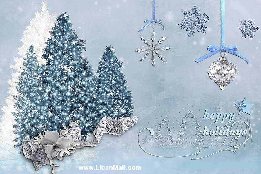 Free christmas ecard from lebanon, free greeting cards, free seasons greetings card, happy holidays card, merry christmas card, snow covered trees, snow background