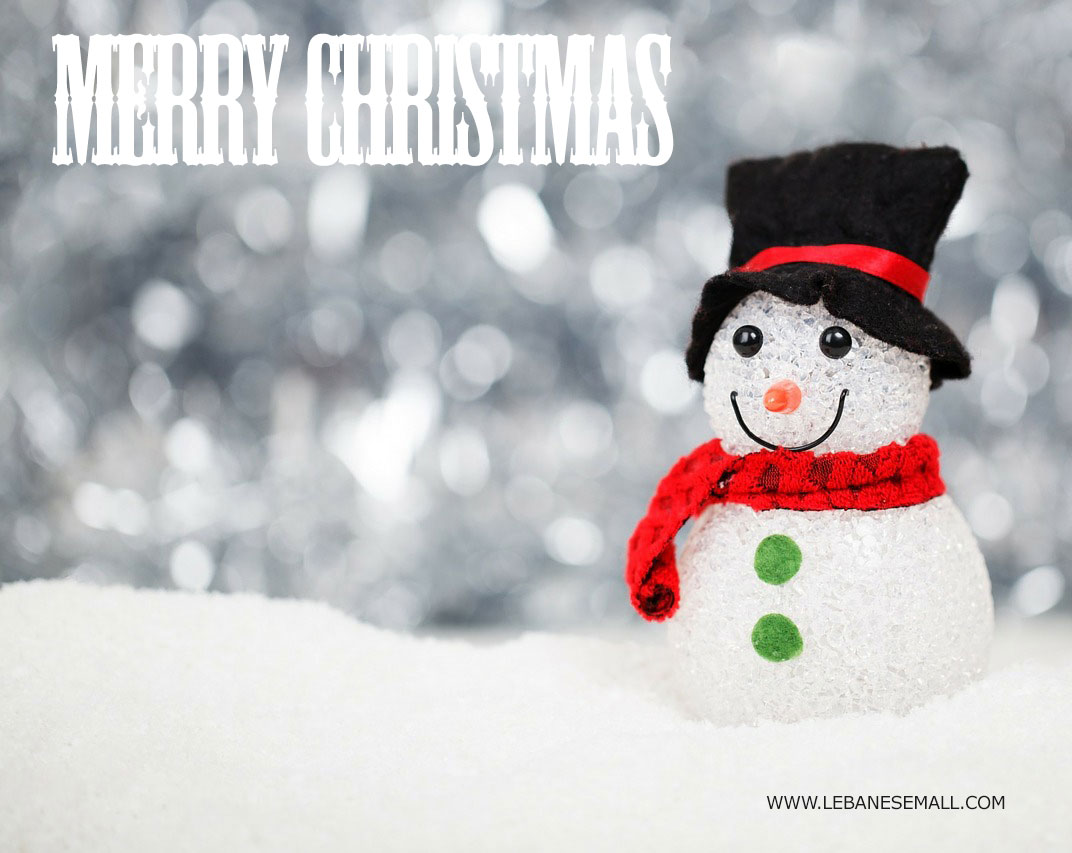 Free christmas ecard from lebanon, free greeting cards, free seasons greetings card, happy holidays card, merry christmas card, snowman with snow background